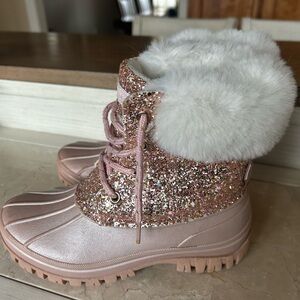 London Fog Pink Glitter Faux Fur Duck Boots